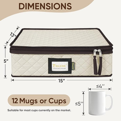 BALEINE China Storage Containers, Sturdy Quilted Wine Glass Storage, Plate Organizer with Carry Handles, Moving Boxes for Dishes, Cups, Mugs and Stemware (Mug Storage, Soft Shell Cream)