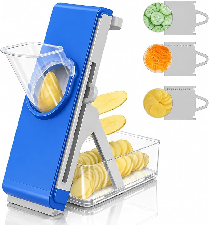 Eletronova Safe Mandoline Slicer for Kitchen, Vegetable Slicer with Container, French Fry Cutter, All in 1 Julienne Slicer for Potato, Thickness Adjustable, Detachable Blade (Dark blue)