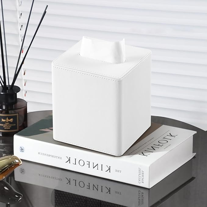 MEIBOOCH PU Leather Tissue Box Cover Square Tissue Box Holder with Magnetic Closure (White)