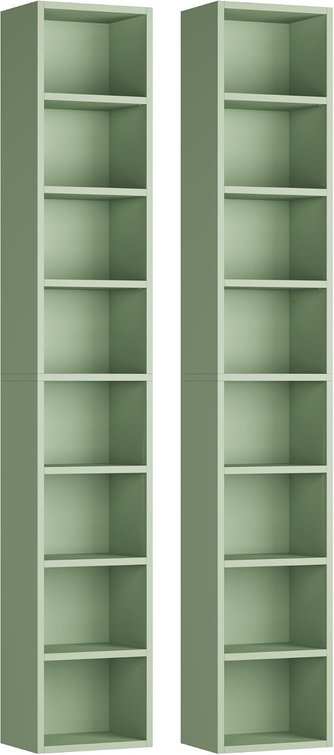 FOTOSOK 2 Pcs 71'' Tall Narrow Bookshelf, 8-Tier Media Tower Rack Set of 2, CD DVD Storage Cabinet with Adjustable Shelves, Tall Narrow Bookcase Skinny Display Bookshelf Slim Shelf, Green