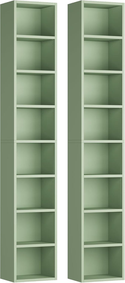 FOTOSOK 2 Pcs 71'' Tall Narrow Bookshelf, 8-Tier Media Tower Rack Set of 2, CD DVD Storage Cabinet with Adjustable Shelves, Tall Narrow Bookcase Skinny Display Bookshelf Slim Shelf, Green