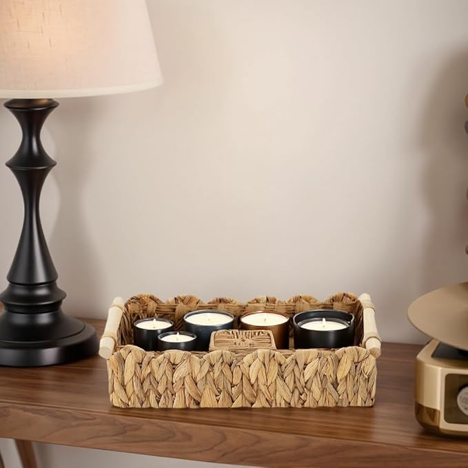 Water Hyacinth Scalloped Edge Baskets with Wood Handle, Set of 2 – Handwoven Natural Decor Storage Bins for Bathroom, Vanity & Farmhouse Home Style