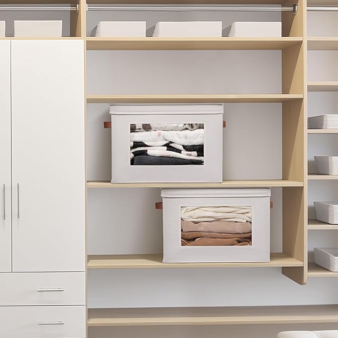 Univivi Storage Boxes with Lids Fabric Foldable Storage Bin for Clothes, [3-Pack] Closet Organizer Containers boxes with Handles for Home, Bedroom, Closet Storage (Beige,17” x 12” x 12")