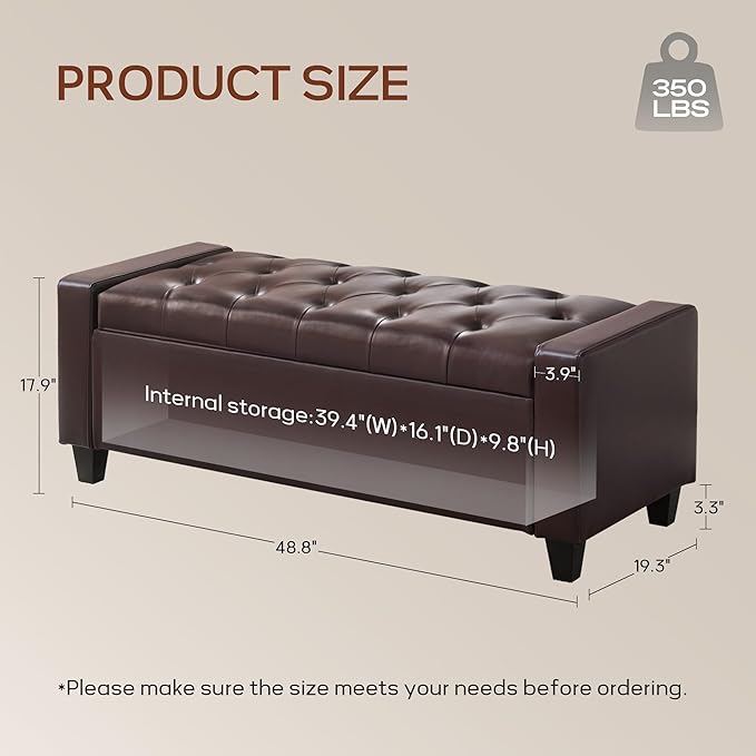 Ottoman with Storage，Storage Ottoman Bench, Faux Leather Storage Bench for Bedroom with Safety Hinge，Bedroom Benches with Seating for Living Room, Entryway (Dark Brown-PU)