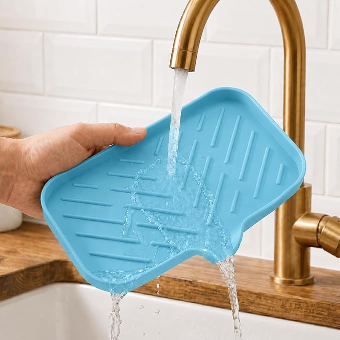 MicoYang Silicone Soap Dish with Drain Spout — Self-Draining Sink Organizer Tray for Bathroom & Kitchen, Sponges, Dispensers & Soap Holder, Non-Slip & Dishwasher Safe, Light Blue (Medium, 9.6"×5.3")