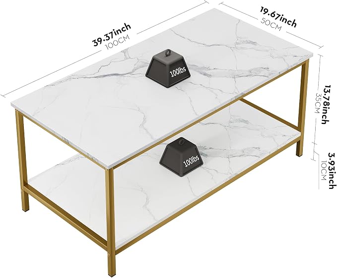 SAYGOER Coffee Table with Storage 2-Tier Industrial Center Table for Living Room, Rectangle Wood Table for Small Spaces Apartment Home Office, White Gold, Two-Tier(39.4x19.7x17.7)