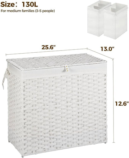 Greenstell Laundry Hamper with Wheels&Lid,130L Large 3 Sections Clothes Hamper with 2 Types Removable Liner Bags, 5 Mesh Laundry Bags, Handwoven Divided Laundry Basket White
