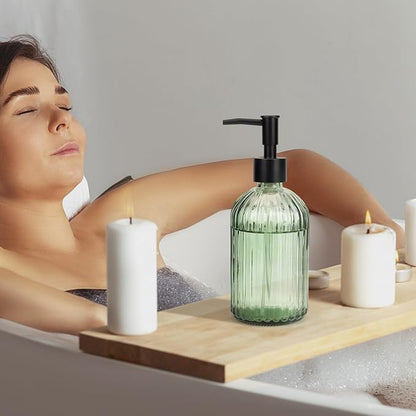 Topsky Glass Soap Dispenser with Black Plastic Pump, 400ml Liquid Hand Soap Dispenser, Rustproof Pump for Kitchen & Bathroom, Great for Lotions, Essential Oil, Liquid Soaps (Army Green)