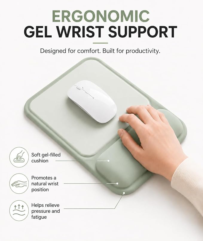 eulps Ergonomic Mouse Pad with Wrist Rest, Gel Mousepad with Soft Wrist Support, Non-Slip PU Base, Smooth Surface Mouse Pad for Wrist Pain Relief, Computer Laptop Office Home & Gaming (Sage Green)