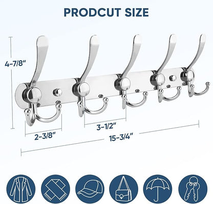 TICONN Wall Mounted Coat Rack, Five Heavy Duty Tri Hooks All Metal Construction for Jacket Coat Hat in Mudroom Entryway (Chrome, 1-Pack)