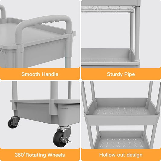 4 Tier Rolling Utility Cart with Drawer,REBECAT Utility Cart Made of Multifunctional Storage Organizer Tool for Kitchen,Bathroom,Living Room,Office(Gray)