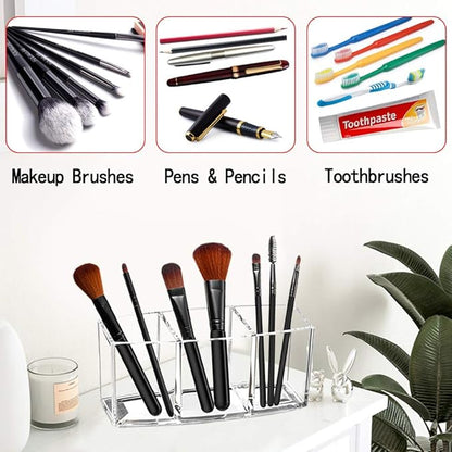 Acrylic Makeup Brush Organizer Holder Clear Cosmetic Brushes Storage with 3 Slots | 3 Slots