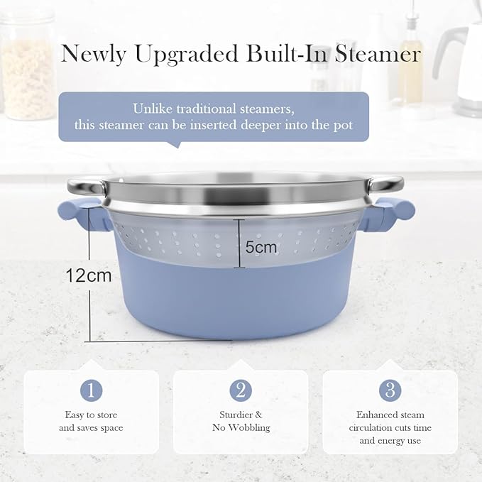 Pots and Pans Set Non Stick, Nonstick Cookware Set, Steamer Pot and Pan for Cooking, Kitchen Cookware Sets Non Toxic, Induction Compatible, Detachable Handle, Oven Safe, PFOS & PFOA Free,Blue