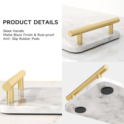 Toilet Paper Basket, Stainless Steel Tank Tray with Handle for Organizing - Toilet Paper Basket Storage for Tank, Bathroom, Kitchen Counter (Marble+Gold)