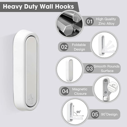 Dntorx Folding Coat Hooks, 2 Pcs Foldable White Wall Hooks Heavy Duty Foldable Hook Bathroom Towel Hooks Robe Hooks Wall Mounted for Hanging Coat Towels Clothes Hat Bags Keys