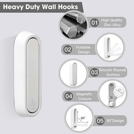 Dntorx Folding Coat Hooks, 2 Pcs Foldable White Wall Hooks Heavy Duty Foldable Hook Bathroom Towel Hooks Robe Hooks Wall Mounted for Hanging Coat Towels Clothes Hat Bags Keys