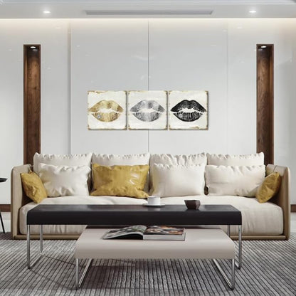 Lips Wall Decor Gold Silver and Black Lip Canvas Wall Art Glam Lips Poster for Bathroom Livingroom Bedroom Makeup Room Wall Decor 12x12Inchx3pcs