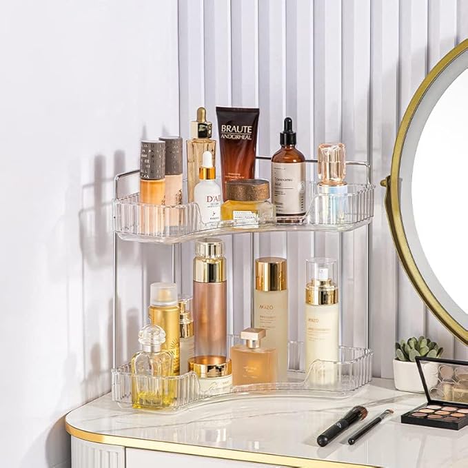 Corner Bathroom Counter Organizer, Vanity Trays for Bathroom, Skincare Makeup Organizer Shelf, Shelf Cosmetics, Toiletries, Lotions, Perfumes (2 Tiers, Clear)