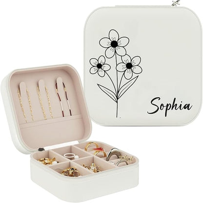 Custom Jewelry Box, Personalized Jewelry Travel Case Leather Mini Jewelry Case with Name & Birth Flower Mothers Day Gifts, Birthday Gifts, Wedding Gifts for Women Mom Wife Girls