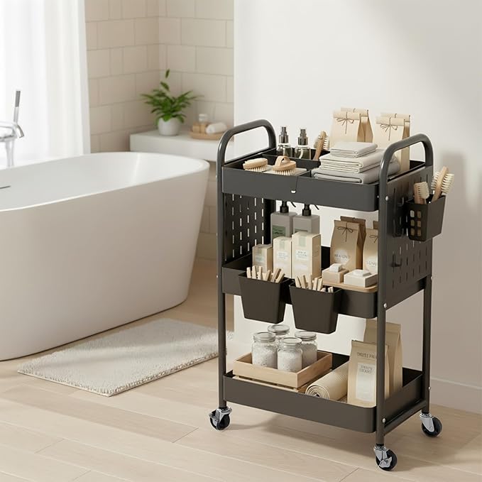 danpinera Craft Cart, Black Rolling Cart with Retractable Dividers & DIY Pegboards for Kitchen, Bedroom, Laundry