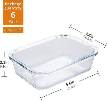 YEBODA Glass Food Storage Containers with Airtight Snap Locking Lids BPA Free Meal Prep Container Set For Home Kitchen Restaurant - Freezer, Microwave, Oven, Dishwasher Safe [23oz, 6 Pack]