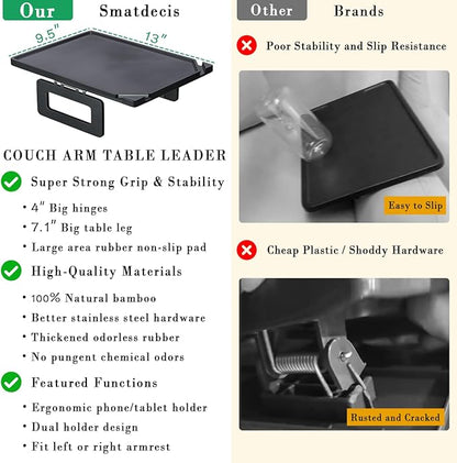 Smatdecis Couch Arm Tray Table Sofa Arm Clip, Armrest Tray Table Suitable for Home Drinks/Fast Food/Fruit Etc, Large Size Multi-Function Black(Dual Phone/Tablet Holder)