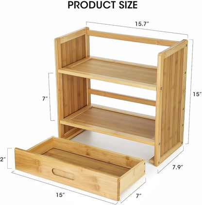 AIEVE Matcha Station Organizer, 2-Tier Bamboo Shelf with Hidden Drawer, Coffee Station Organizer Mug Holder Shelf for Matcha Whisk Set Bowl Cup Scoop Sifter