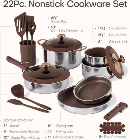 CAROTE 22pcs Hybrid Nonstick Pots and Pans Set, Stainless Steel Cookware Set with Honeycomb Titanium Interior, Induction Safe, Oven Safe, Brown (PFOS, PFOA Free)