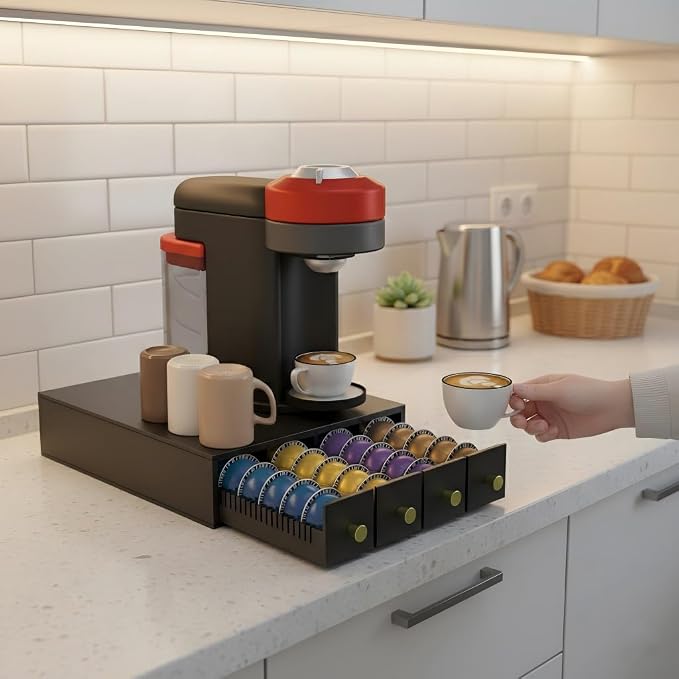 Suli Coffee Pod Holder, 52 Pods Large Capacity, 4-Tier Coffee Pod Organizer for Countertop, Dual Orientation, Space Saving Coffee Capsule Storage Drawer, Black