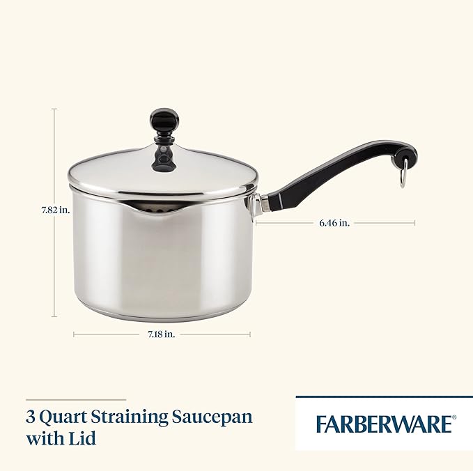 Farberware Classic Series Stainless Steel Straining Sauce Pan with Lid, 3-Quart Sauce Pan With Pour Spout