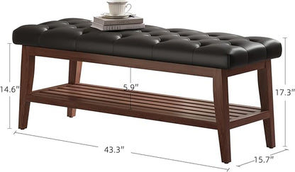 LEILISI Entryway Shoe Bench with Storage, End of Bed Bench, Microfiber Leather Upholstered Button-Tufted Seat Bench with Solid Wood Frame for Living Room, Bedroom (Black, 43.3'')