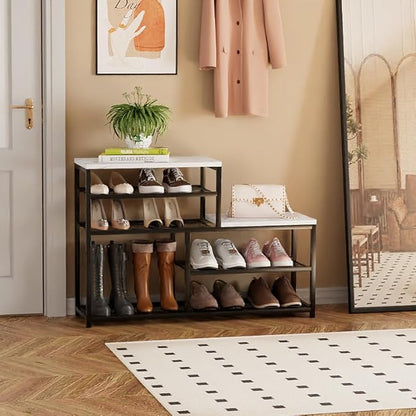 Shoe Rack Bench for Entryway,Free Standing Shoe Storage Organizer for Front Door Entrance,Boot Rack Holder Shelf for Closet with Seat,Sturdy Shoe Shelves for High Heels, Hallways,White Marble