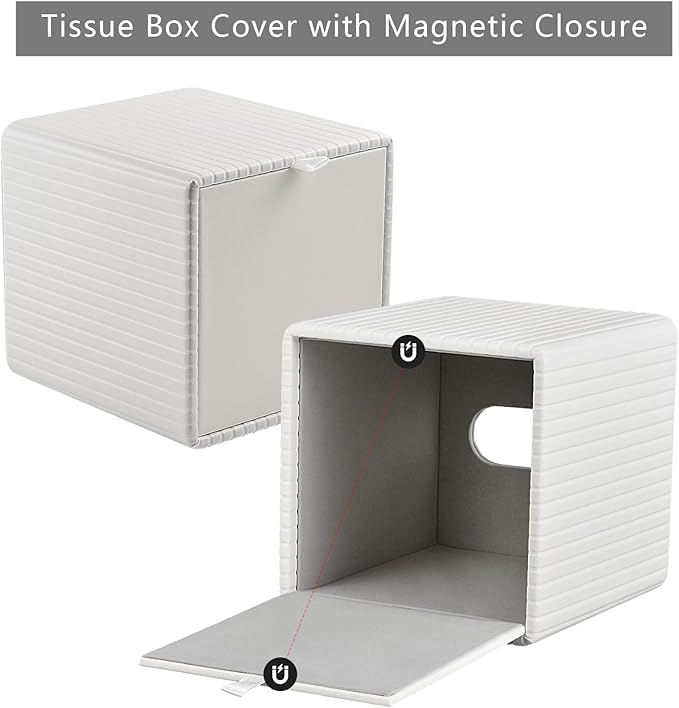 PU Leather Tissue Box Cover Square Tissue Box Holder for Bathroom Vanity Countertop Night Stands Bedroom Office Desk,Modern Tissue Decorative Organizer with Magnetic Closure (Cream White)