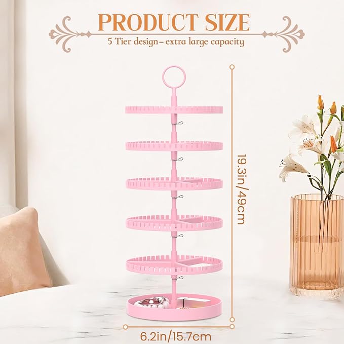 iDavosic.ly 5 Tier Rotating Earring Holder Organizer with Metal Tray, Adjustable Plastic Dangle Display Stands Tree with 285 Grooves, Large Hoop Storage Rack Tower, Pink