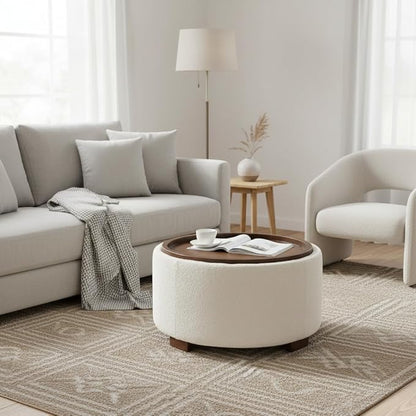 Zihanhome 30 Inch Round Storage Ottoman Coffee Table, Modern Boucle Ottoman with Lift-Off Lid and Solid Wood Legs for Living Room, Bedroom, Corners, Apartments (Beige)