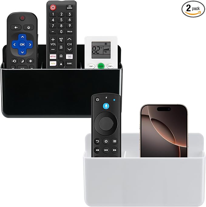 2Pcs Remote Control Holder Wall Mount, TV Remote Caddy Box Hollow Bottom Slot Easy Phone Charging, Self Adhesive Remote Holder,Wall Pen Holder Storage Accessories for Home Office School (White&Black)