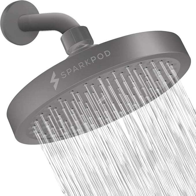 SparkPod Rain Shower Head, 6 Inch Round | High Pressure Shower Heads, 90 Nozzle (Touch-to-Clean), Adjustable Showerhead, No-tool Universal Connection