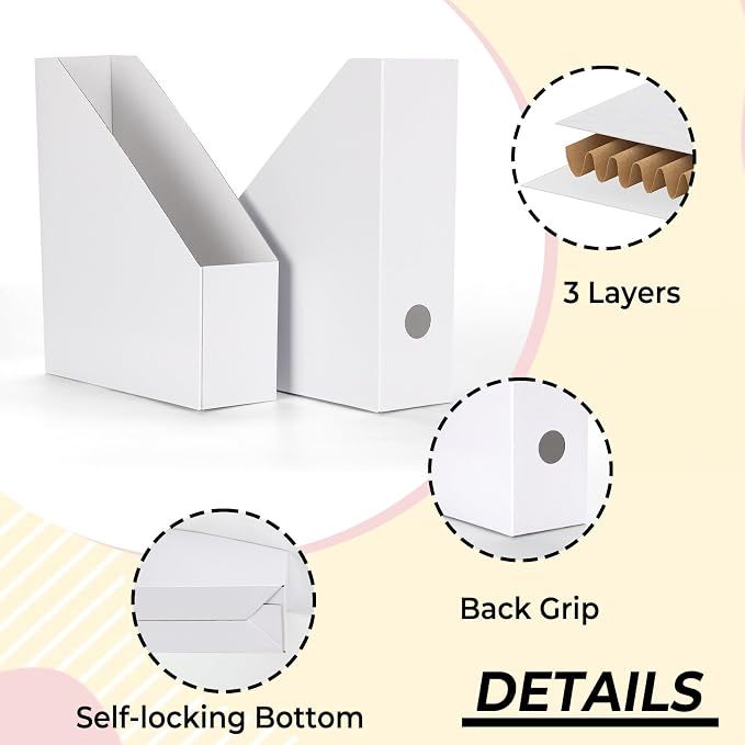 EXYGLO 12 Pack White Magazine File Holder, Cardboard Magazine Rack with Label, Foldable Storage Organizer Box for Book, Documents, 9.9x3.3x12 Inches