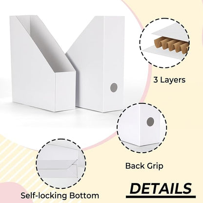 EXYGLO 12 Pack White Magazine File Holder, Cardboard Magazine Rack with Label, Foldable Storage Organizer Box for Book, Documents, 9.9x3.3x12 Inches