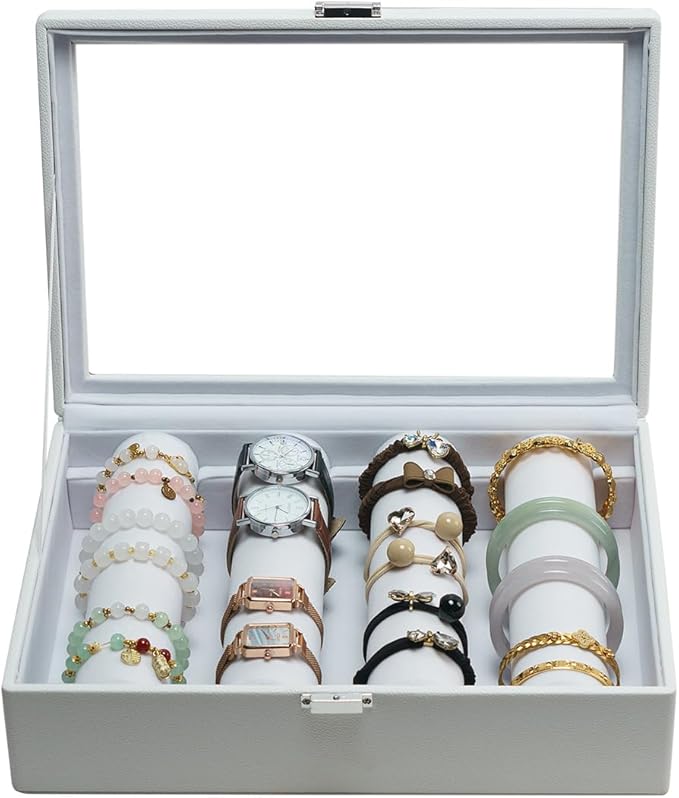 Bracelets Organizer Rods Bangles Display Holder, Clear See through Lid Leather Velvet Jewelry Storage Box Case for Women, 4 Rods White Leather