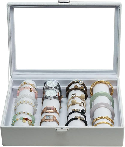 Bracelets Organizer Rods Bangles Display Holder, Clear See through Lid Leather Velvet Jewelry Storage Box Case for Women, 4 Rods White Leather