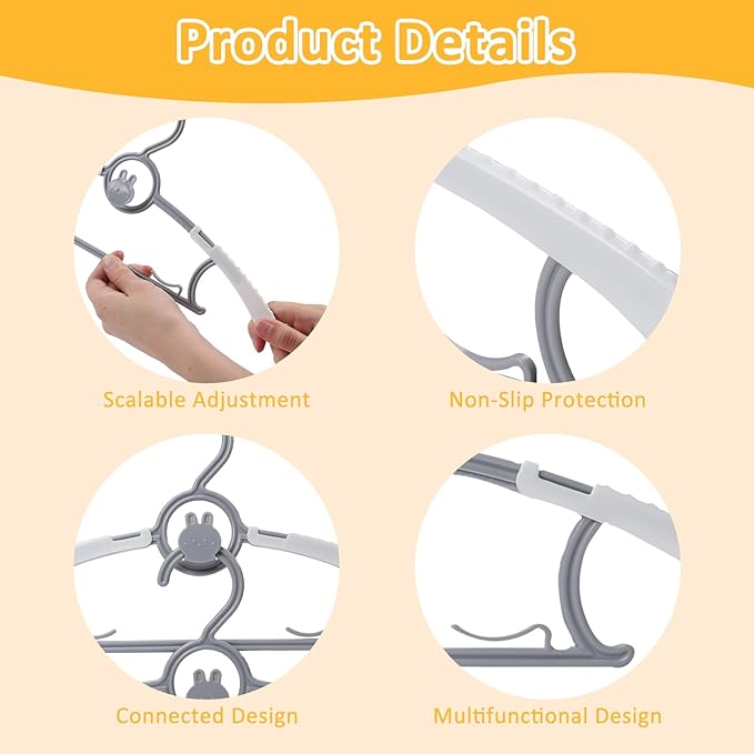 30 Pack Baby Hangers, Non-Slip Kids Hangers, 11"-14" Adjustable Infant Hanger, Space Saving Plastic Hanger for Girl Boy Toddler Kids Child (Grey)