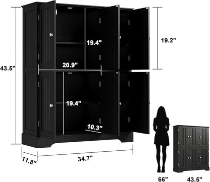 ChooChoo Bathroom Floor Cabinet, Modern Bathroom Storage Cabinet with 6 Doors and Adjustable Shelves, Freestanding Cupboard for Living Room, Black