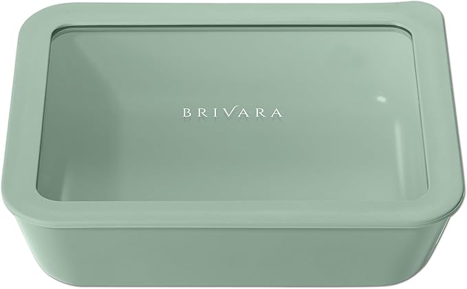 BRIVARA HOME Ceramic Coated Glass Food Storage Container | No PTFE, PFOA, PFAS, and BPA | Reusable Non Toxic Meal Prep Container with Glass Lid | Easy To Store | 6 Cup Rectangle [Willow]