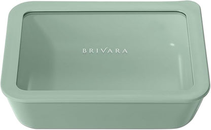 BRIVARA HOME Ceramic Coated Glass Food Storage Container | No PTFE, PFOA, PFAS, and BPA | Reusable Non Toxic Meal Prep Container with Glass Lid | Easy To Store | 6 Cup Rectangle [Willow]