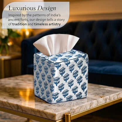 CPC Apatite Blue Hand Block Printed Cotton Tissue Box Cover 5" x 5" x 5.5" Square Soft Reusable Boho Napkin Holder for Home Kitchen Dining Bathroom Office Cafe Spa Summer Thanksgiving