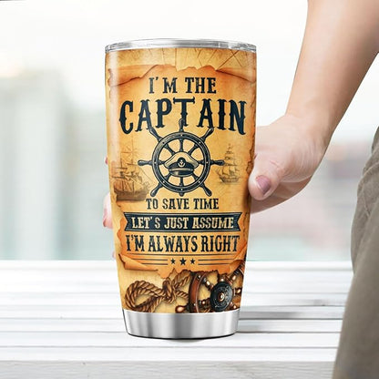 Captain Quote Travel Mug 20oz, Nautical Themed Stainless Steel Insulated Tumbler for Boating Enthusiasts, Funny Gift for Boat Owners, Men, Dad, or Outdoor Use