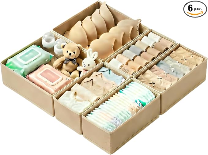 Drawer Organizer Set 6 Pack - Foldable 11" Fabric Storage Bins with Zipper Bottom for Underwear Socks Bras Baby Clothes - Closet Dresser Dividers for Bedroom Nursery, Khaki