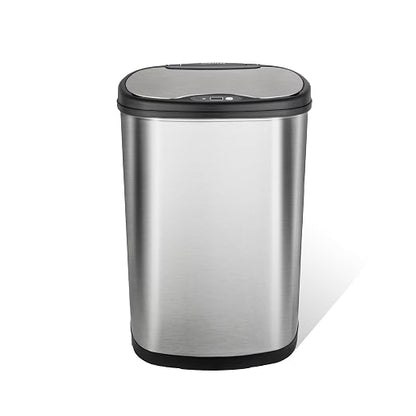 Ninestars 13 Gallon Oval Automatic Trash Can, 50L Touchless Motion Sensor Garbage Can with Odor-Sealing Lid & One-Touch Manual Mode, Silver Stainless Steel, Black Trim