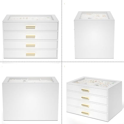 AKOZLIN Jewelry Box with Clear Lid Functional Leather Jewelry Storage Organizer Case 4 Drawers for Women Girls Necklace Ring Bracelet Earring